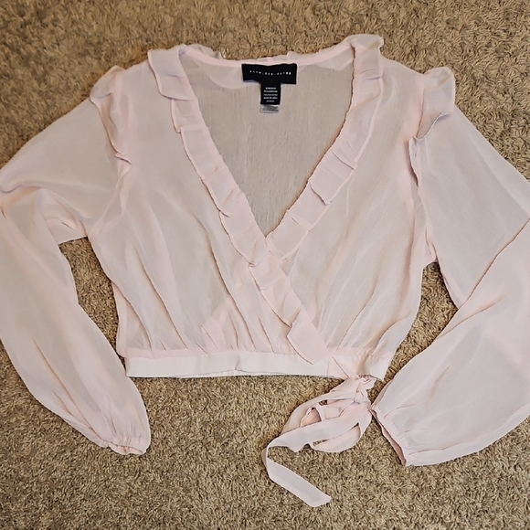 Know One Cares Tops - Know One Cares Sheer Mesh Pink Ruffle Wrap Blouse